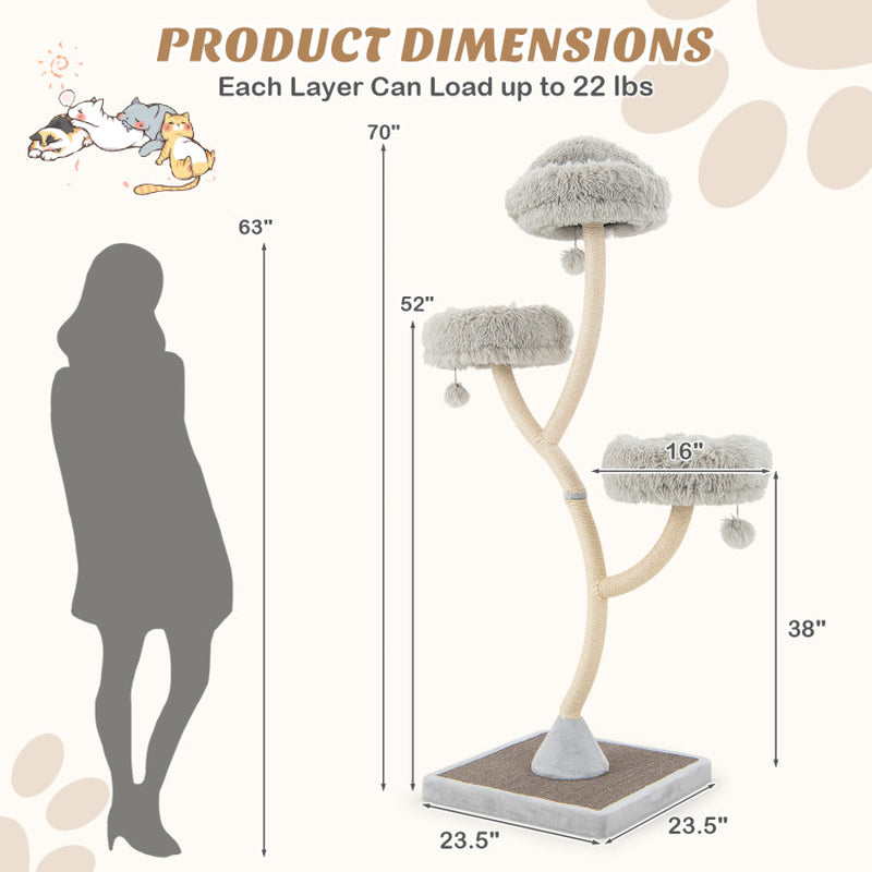 70" Tall Metal Cat Tree Tower with 3 Plush Perches & Sisal Scratching Posts
